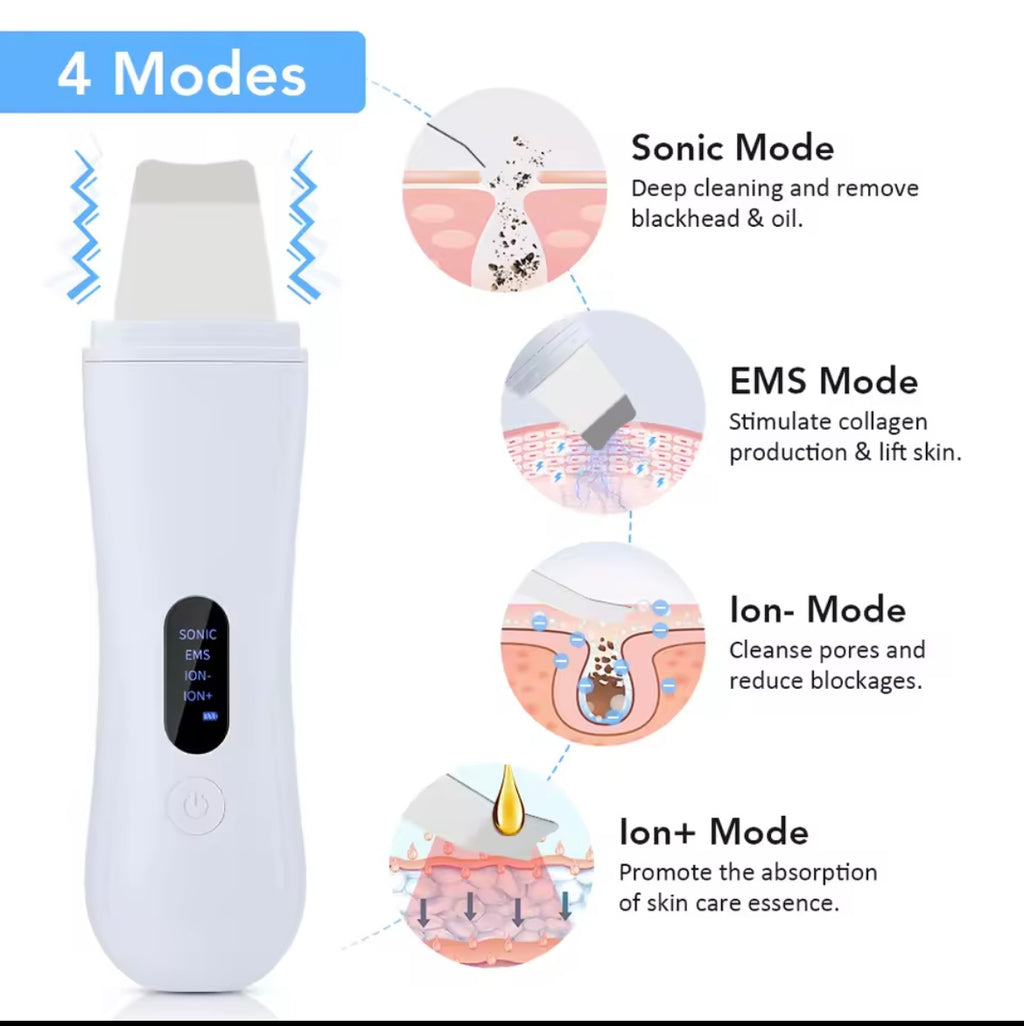 Épurateur de peau à ultrasons – Spatule de nettoyage facial ionique 4 modes – Dispositif de peeling et lifting du visage – Nettoyage en profondeur et soin de la peau